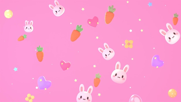 Photo fond d'écran de lapins, coeurs, fleurs et carottes kawaii roses rendus en 3d.