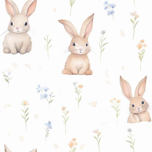 Un fond d'écran de lapins et de fleurs sur fond blanc