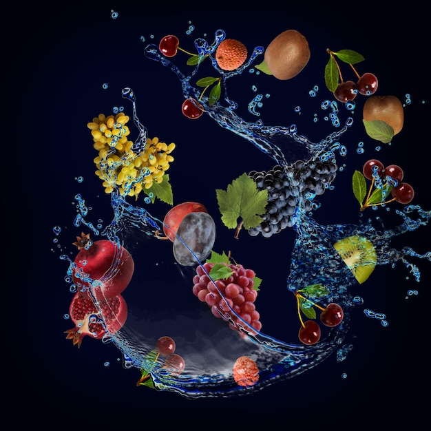 Fond d'écran panorama avec des fruits dans l'eau le principal composant de l'alimentation des raisins grenade litchi kiwi cerise raisins prune