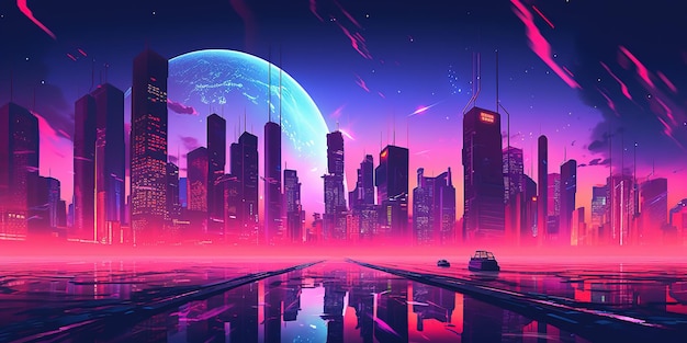 Fond d'écran retrowave synthwave de paysage urbain esthétique avec un design néon cool et vibrant