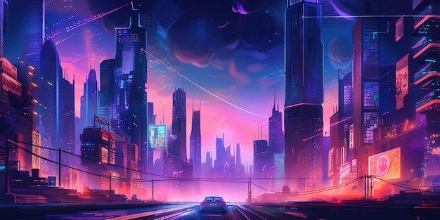 Fond d'écran retrowave synthwave de paysage urbain esthétique avec un design néon cool et vibrant