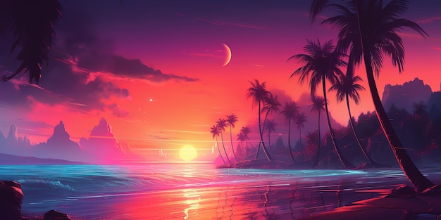 Fond d'écran retrowave synthwave de plage esthétique avec un design néon cool et vibrant