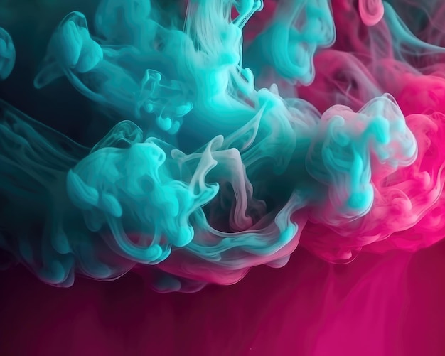 Un fond d'écran avec une sarcelle pastel brillante et une fumée rose sur un fond abstrait flou AI générative