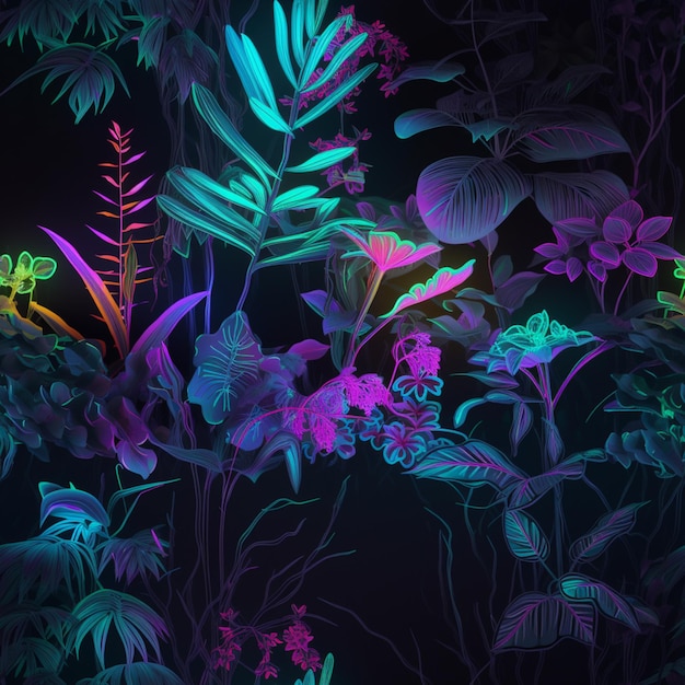 Un fond d'écran sombre avec une jungle fluo et des fleurs.