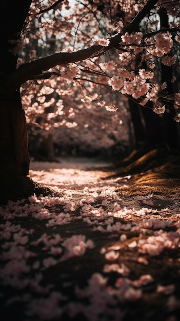 Fond d'écran de téléphone révélant une forêt de fleurs de cerisier Image AI générative