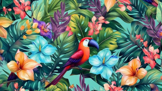 Fond d'écran tropical avec des plantes et des oiseaux Generative AI