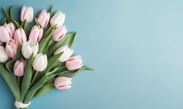 Fond d'écran avec des tulipes roses Fleur sur fond bleu Pour la présentation d'affichage de produits d'illustration de livre de carte postale de bannière Créé avec des outils d'IA génératifs