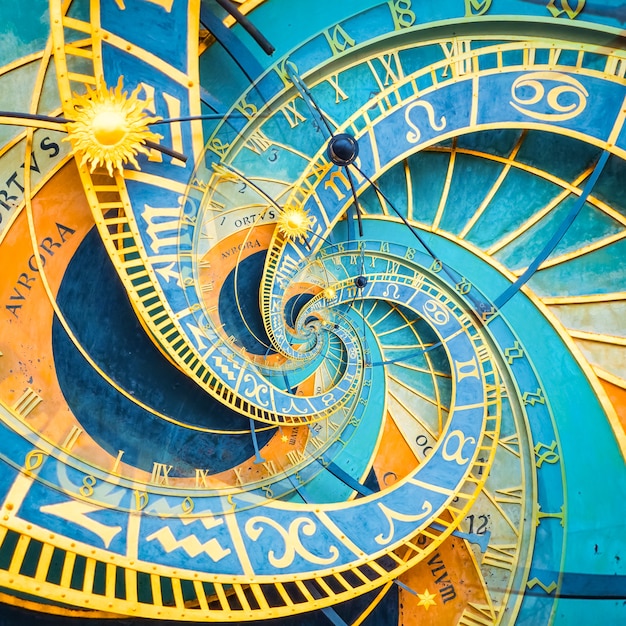 Fond d'effet Droste basé sur l'horloge astronomique de Prague. Conception abstraite pour les concepts liés à l'astrologie, à la fantaisie, au temps et à la magie.