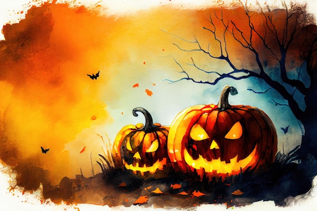Fond effrayant d'Halloween avec illustration aquarelle de citrouilles