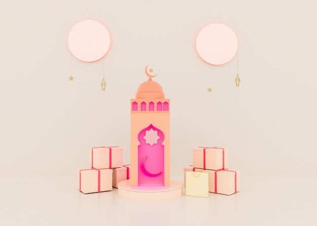 Fond eid mubarak avec podium de lanterne de mosquée en or 3d