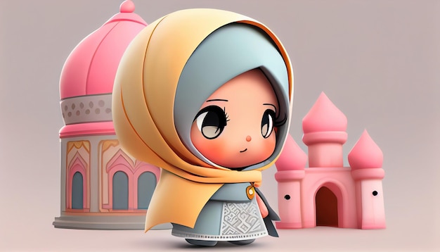 Fond eid mubarak réaliste avec personnage de fille hijab.