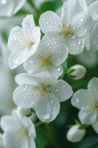 un fond avec d'élégantes fleurs blanches et de douces gouttes de rosée