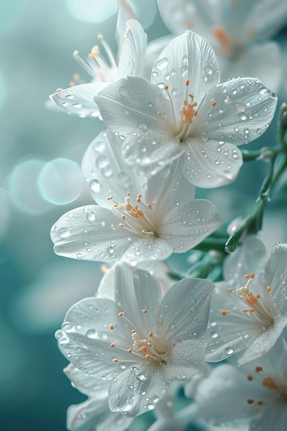 un fond avec d'élégantes fleurs blanches et de douces gouttes de rosée