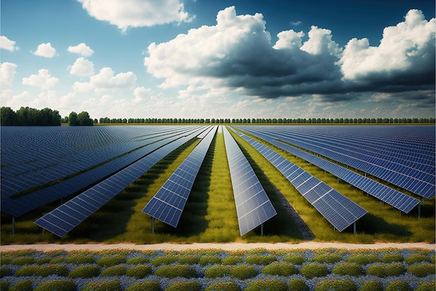 fond d'énergie renouvelable avec de grands panneaux solaires à énergie photovoltaïque dans le champ de tournesols