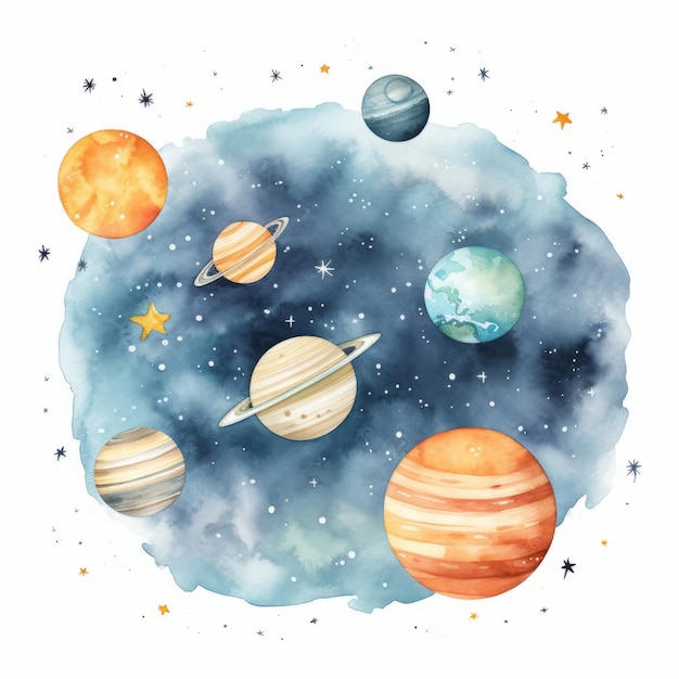 Fond d'espace aquarelle avec des planètes et des étoiles