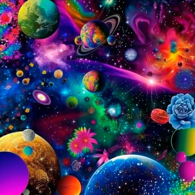 Fond de l'espace avec différents éléments de couleurs arc-en-ciel