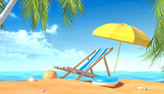 Photo fond d'été 3d sur l'illustration de la plage avec arbre