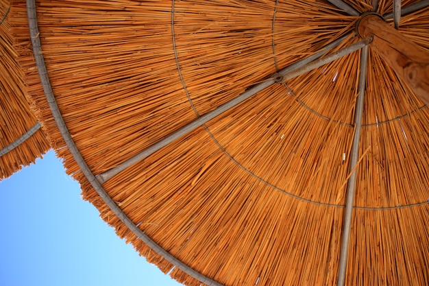 Fond d'été avec ciel bleu et parasol.