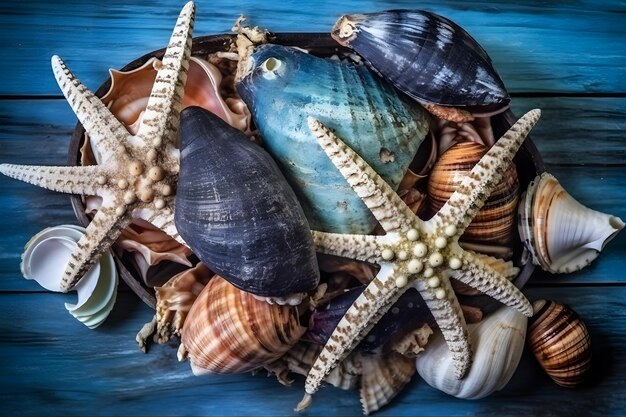 Photo fond d'été coquillages et étoiles bordent le réseau de neurones de sable ai généré