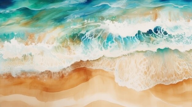 Fond d'été dans la vague de la mer de style aquarelle et la plage de sable AI générative