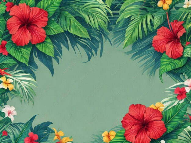 Fond d'été avec des feuilles tropicales et des fleurs d'hibiscus générées par ai