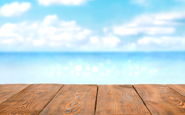 Fond d'été Planches en bois sur fond de mer et de ciel