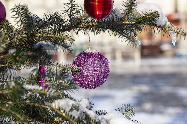 Fond extérieur de vacances de Noël et de nouvel an avec des branches de sapin et des décorations festives