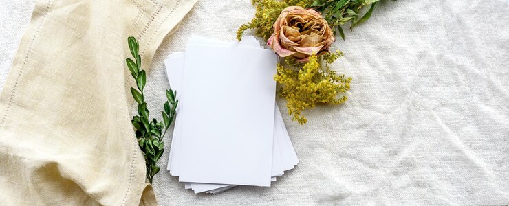 Photo un fond féminin à la mode sur un tissu blanc fleurs sèches et une carte postale vide fond féminin de mariage vierge pour une carte postale