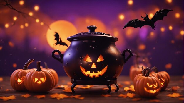 Fond de fête d'Halloween avec des nuages, des chauves-souris et des araignées citrouilles et un chaudron de sorcière généré par l'IA