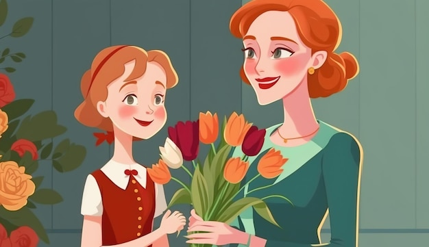 Fond de fête des mères heureux avec des fleurs Belle jeune mère avec des fleurs et une boîte-cadeau