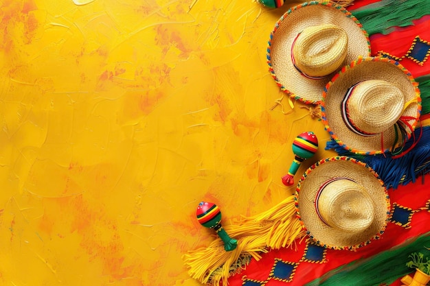 un fond de fête montre un thème de fête mexicaine avec des maracas et des chapeaux de sombrero sur une bannière jaune