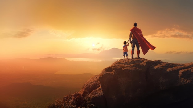 Fond de fête des pères père de super-héros avec enfant Illustration AI générative