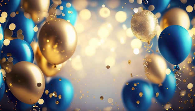 Fond de fête réaliste avec des ballons dorés et bleus tombant sur fond flou de confettis et un