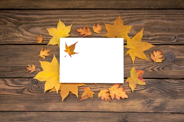 Fond de feuilles d'érable d'automne sur des planches en bois avec espace de copie Carte blanche pour le texte Texture des feuilles Texture du bois