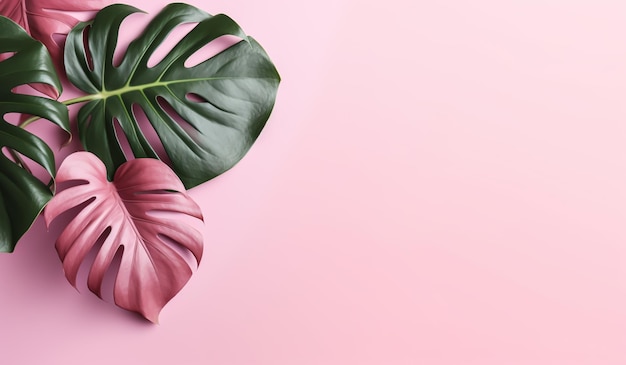 Fond de feuilles de monstera rose et vert délicat et minimaliste Espace libre pour le texte généré par l'IA