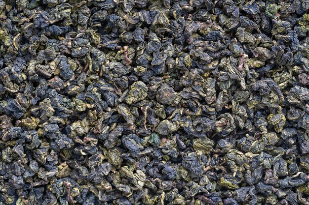 Fond de feuilles de thé vert. Thé oolong. Textures alimentaires abstraites. Gros plan, vue de dessus. Le thé haut de gamme de Chine.