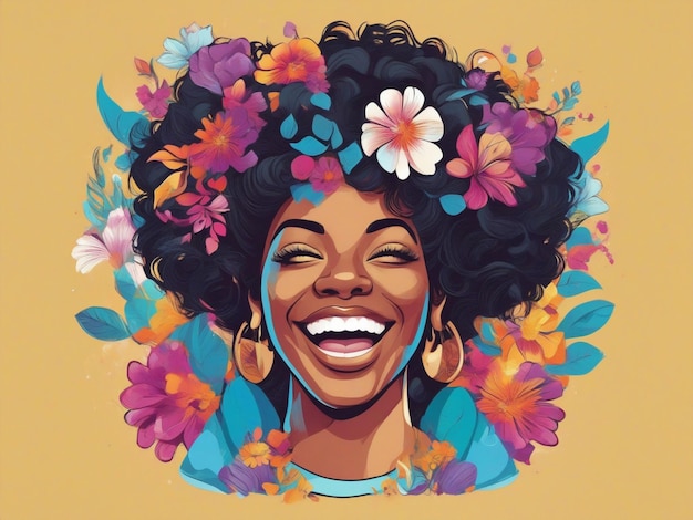 fond de fille brune souriante avec des cheveux africains entourée de fleurs sur fond jaune