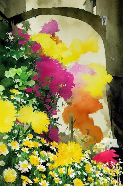 Photo fond de fleurs aquarelle abstraite sur papier jaune blanc colorsai généré
