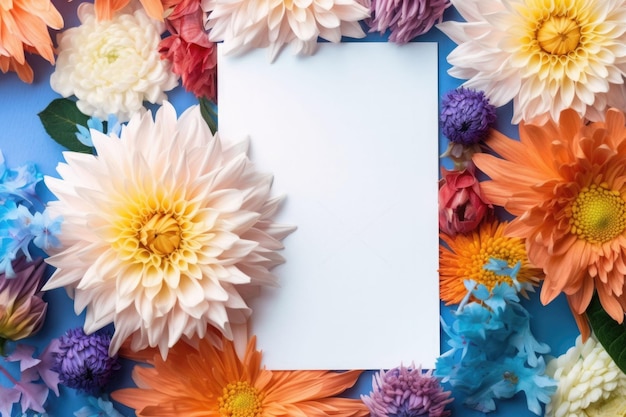 Fond de fleurs colorées avec feuille de papier blanche Cadre en fleurs Mockup Illustration générative de l'IA