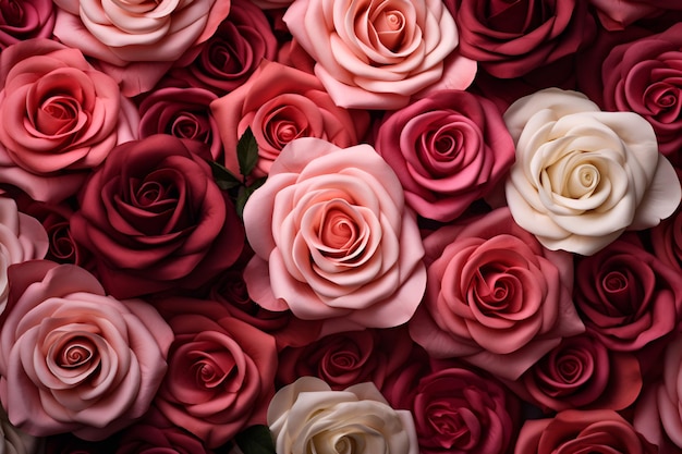 fond floral boutons de rose gros plan vue de dessus bouquet de fleurs roses