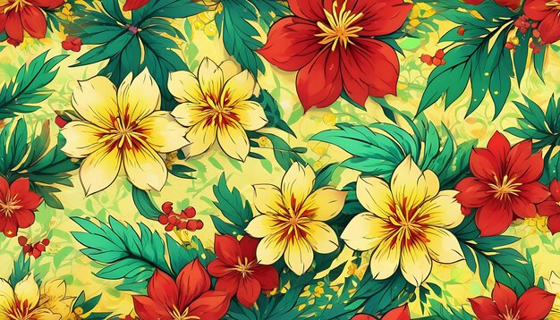 fond floral avec couleur jaune rouge et verte