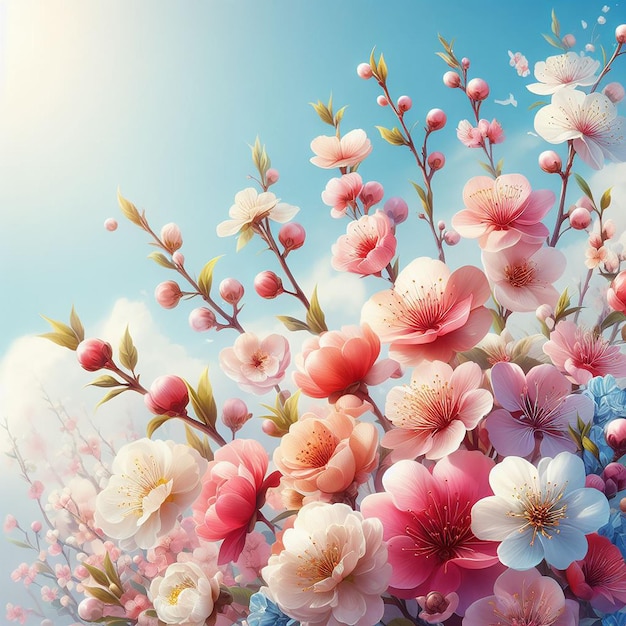 Le fond floral du printemps et le ciel bleu