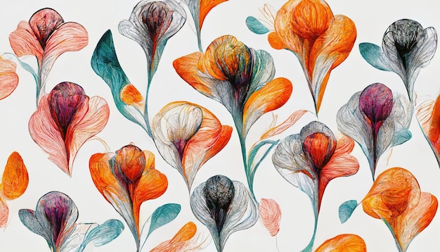 Fond floral d'été dessiné à la main Botanique fond transparent de fleurs abstraites Croquis dessin Style vintage