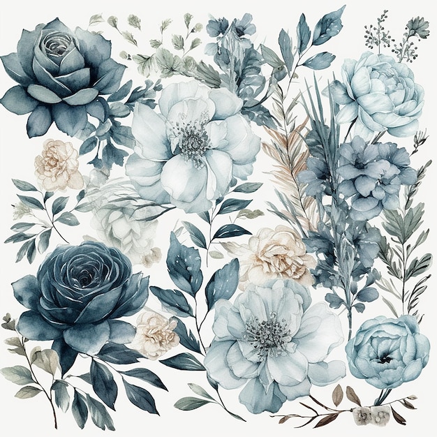 Un fond floral avec des fleurs et des feuilles bleues