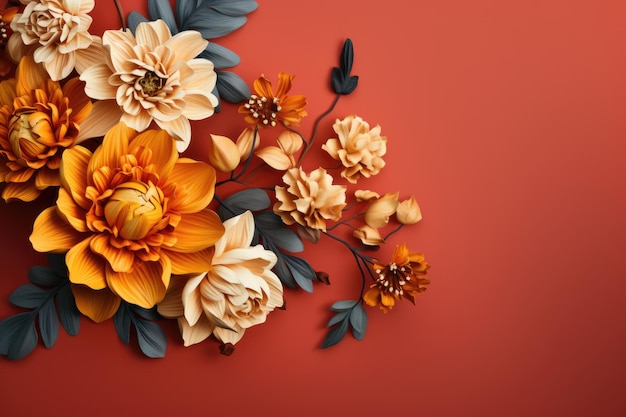 un fond floral avec des fleurs orange sur un fond rouge.