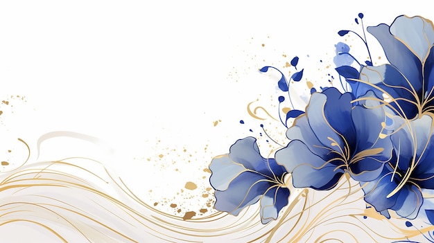 Fond floral avec motif en marbre Éléments de fond bleu royal aquarelle d'éclaboussures d'or