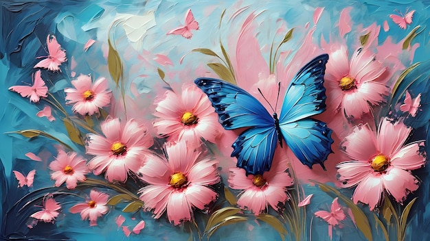 fond floral rose abstrait et papillon bleu peint à l'huile
