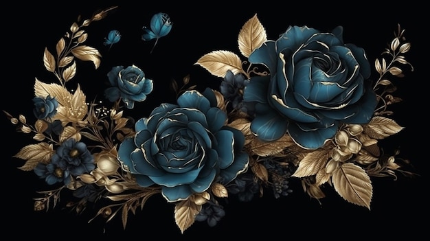 Fond floral avec des roses dorées et bleues ai générative