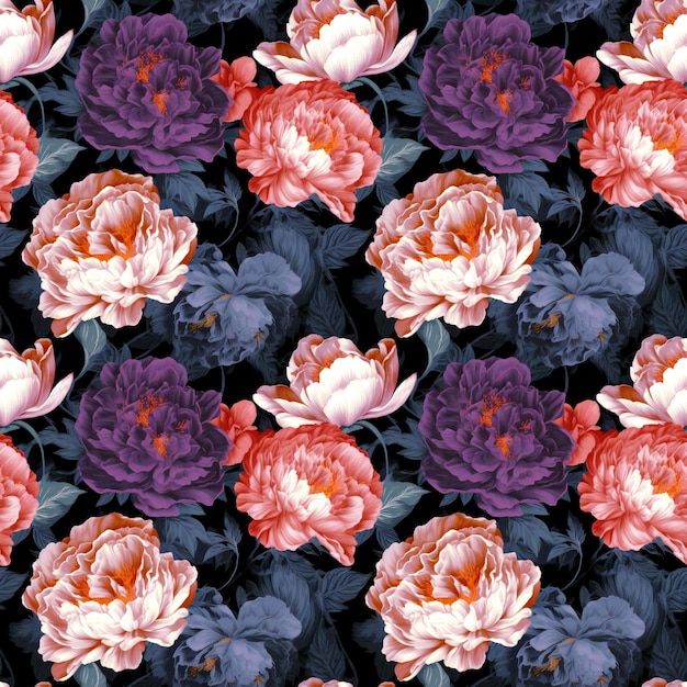 Fond floral sans couture avec des fleurs de pivoine générées par AI