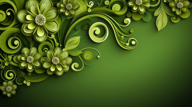 un fond floral vert avec des tourbillons et des feuilles